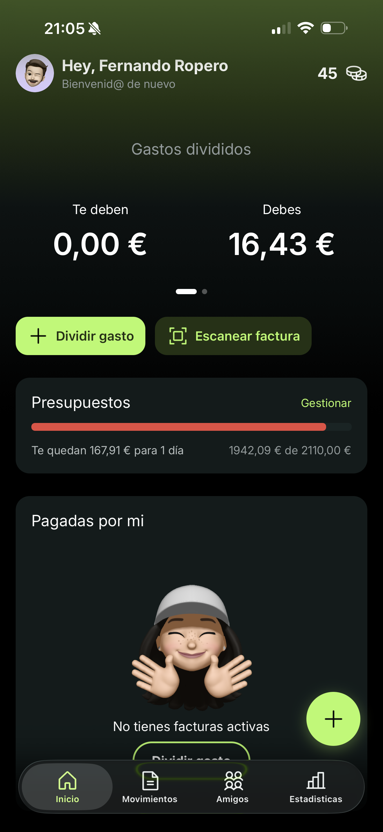 Pantalla principal de Splittier con gastos compartidos y personales